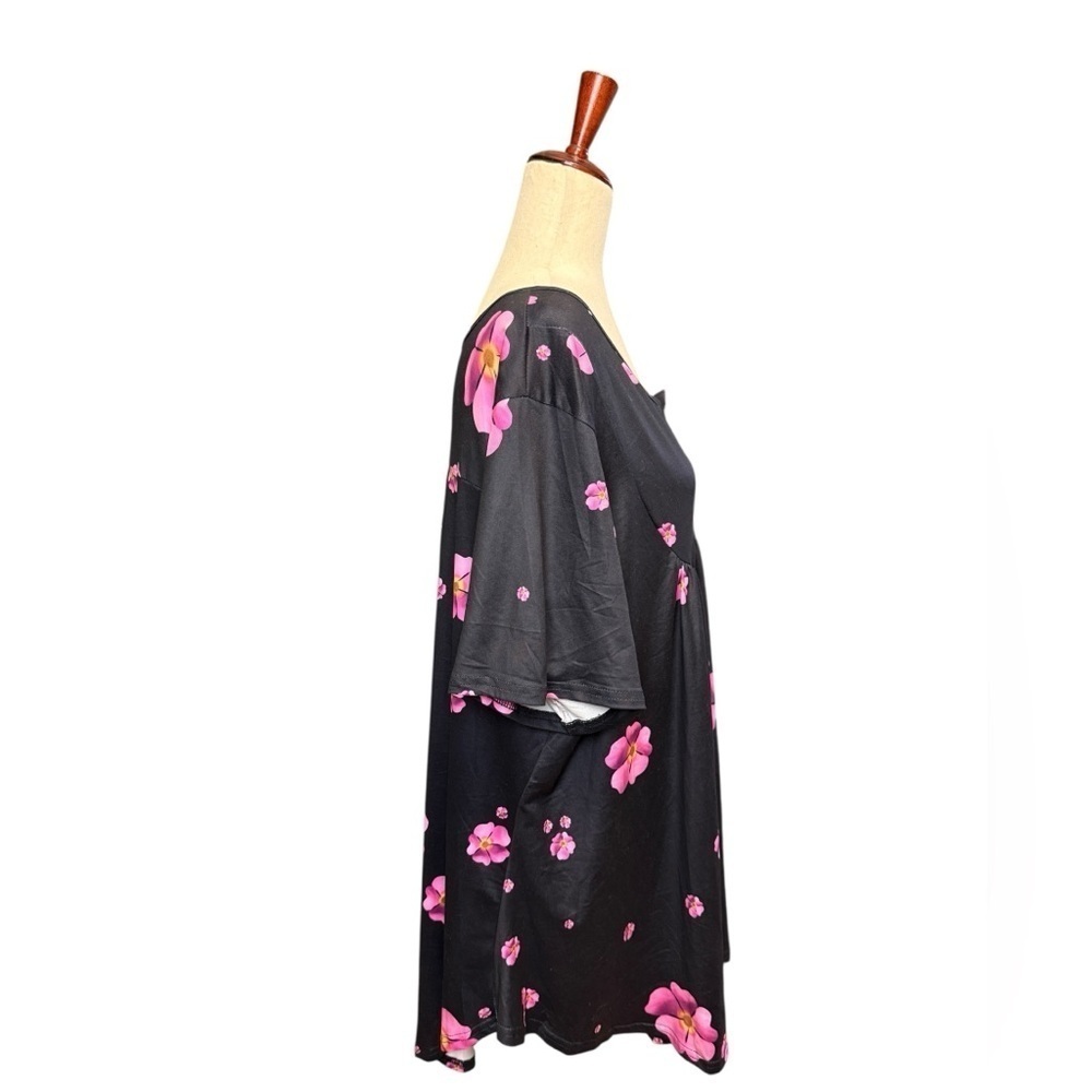 Women’s Plus Floral Short Sleeve Button Top V Smock Blouse. Black Pink 3X #1506 - Picture 3 of 6